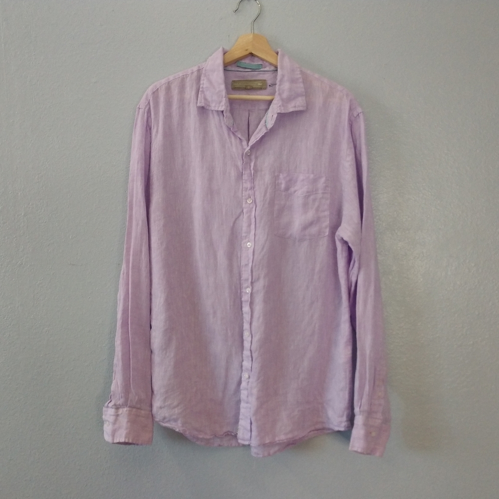 RKF Outdoor Experience Men Large Linen Purple Lilac Button Down Shirt Collared